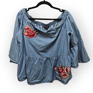 ana A New Approach Women Blue Chambray Embroidered Off Shoulder Peplum Top Large